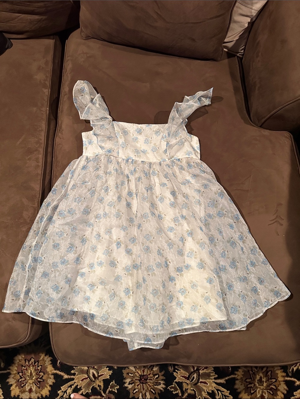 Storia Cottage Core White Dress with Light Blue Floral Ruffle Straps
